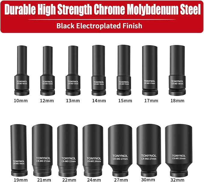 TONYNOL 1/2 Inch Deep Drive Impact Socket Set,6-Point,Metric (10mm-32mm),14 Pcs,Cr-Mo Steel,With a Storage Case