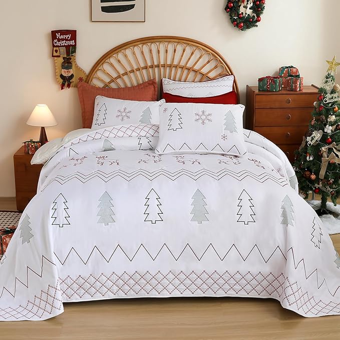 Cmfshape Christmas Embroidery Quilt Set,3 Pieces King Size Xmas Tree Reindeer Pattern Bedding Set,Reversible Christmas Bedspread Coverlet,Holiday Bedding(106"x96")
