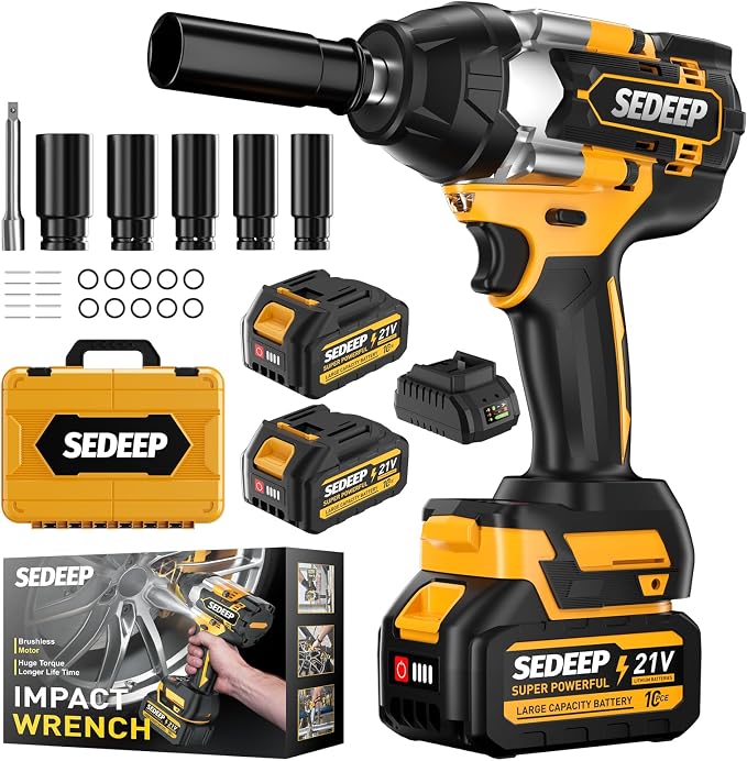 1/2 Inch Impact Wrench, for home Golden Yellow | High Torque 1500N·m (1100 Ft-lbs), 21V Brushless Electric, 2 * 4.0Ah Battery, 5 Sockets, For Car/Mower/Pickup/Truck RV