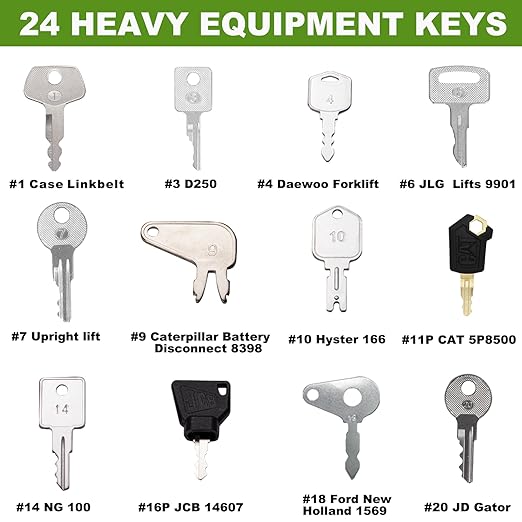 24 Heavy Equipment Keys Master Set, Construction Ignition Key Set Fits Case,Komatsu,Hyster, Cat, JCB, Daewoo, JLG, JD, Forklift, Crown, Volvo, Toyota.