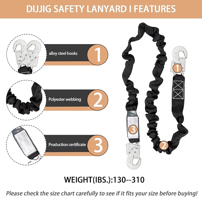 DIJJIG Full Body Safety Harness OSHA/ANSI Compliant for Construction | 5-point adjustable fall protection harness with padded design for roofing and construction work