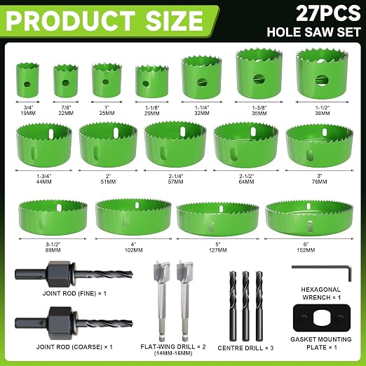 27 Piece Hole Saw Set - High Carbon Steel 19-152mm (3/4" to 6") Blades for Drywall, Softwood, Plastic, and PVC; Professional Grade with Instant Support