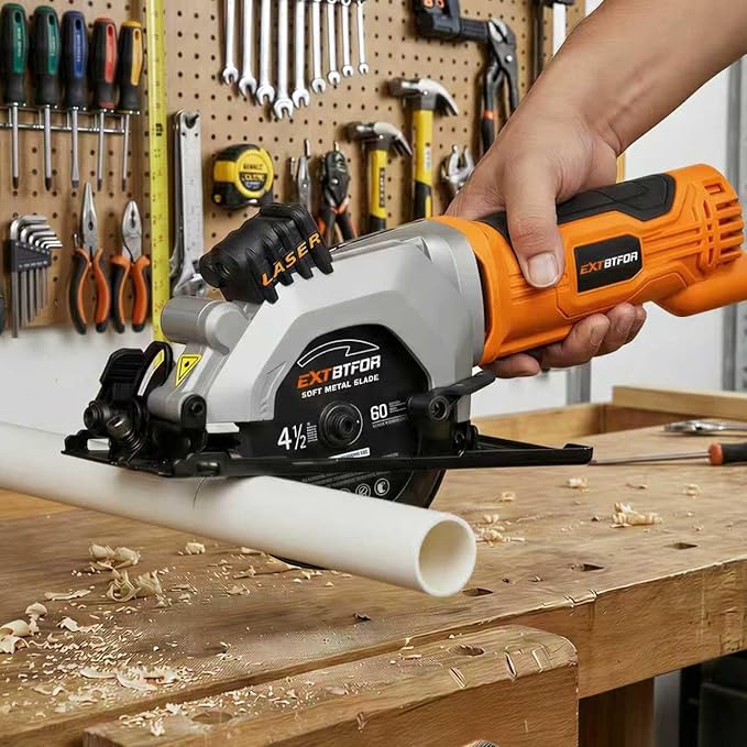 Power Circular Saw,4.8A Mini Circular Saw with Laser Guide,4000RPM Corded Saw Equipped with 3 Pcs 4-1/2" Blades，Maximum Cutting 1-11/16" at 90° and 1-1/8"at 45° for Wood, Soft Metal, Plastic