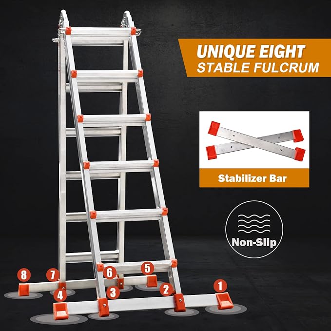 Soctone Ladder, A Frame Extension Ladder, Multi Position with Stabilizer Bar, 330 lbs Weight Rating Telescoping Ladder for Household or Outdoor Work, 22.5 Ft, Orange