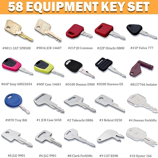 58 Pro Heavy Equipment Key Set Construction Machinery Ignition Keys Set for Caterpillar JCB Case Forklift Jlg Komatsu Volvo Kubota Yanmar Daewoo Hyster Ford Takeuchi New Holland