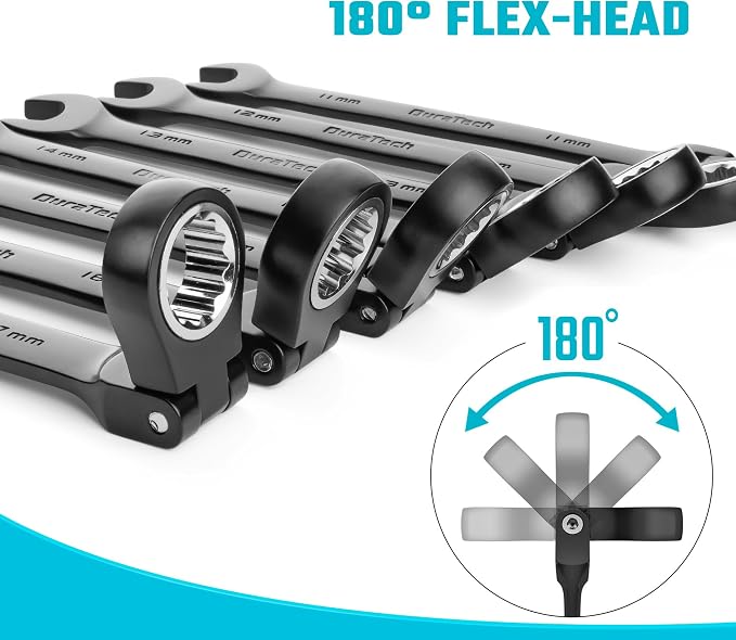 DURATECH 9-Piece Flex-Head Ratcheting Wrench Set, Metric | 8mm, 10mm, 11mm, 12mm, 13mm, 14mmm, 15mm, 16mm, 17mm,72 Tooth, Black E-Coating, CR-V Steel, Rolling Pouch