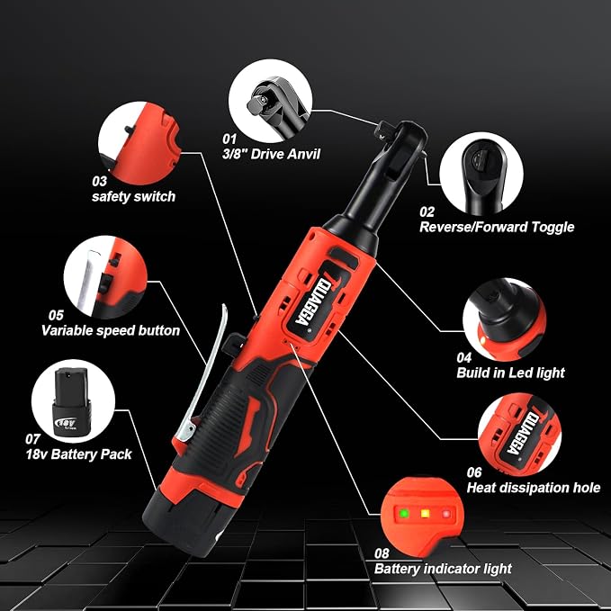 3/8" Cordless Electric Ratchet Wrench Set, 18V Power Ratchet Tool Kit With 2 Packs 2000mAh Battery And Charger, 45 FT-LBS Battery Powered Wrench with LED Lights