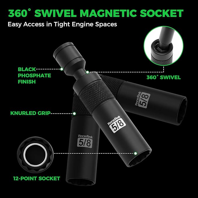 TecoTek 6-Piece 3/8" Drive Magnetic Swivel Spark Plug Socket Set, 12-Point, Includes 9/16", 5/8", 13/16", 14mm Sockets with 4", 6", 11" Extensions for Automotive Repair