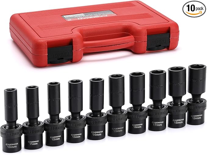 CASOMAN 10 PCS 1/2" Drive Deep Universal Impact Socket Set, Metric,10-19mm
