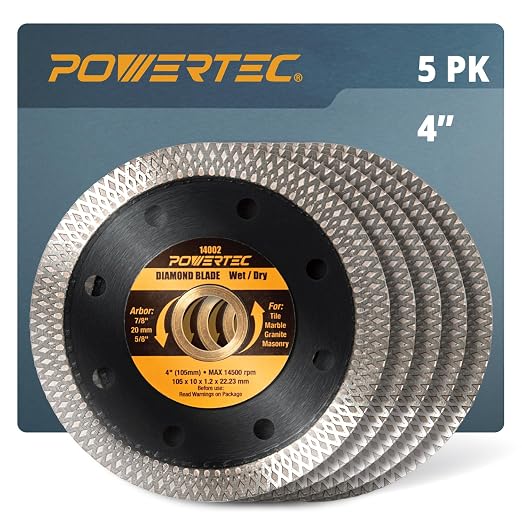 POWERTEC 4 Inch Diamond Saw Blades for Handheld Tile Saw & Angle Grinder 5 Pack, Super Thin Turbo Mesh Rim Blades for Cutting Porcelain, Granite & Ceramic Tile, 4" Diamond Blades