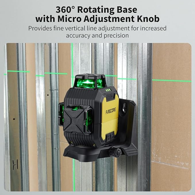 Firecore Laser Level with Receiver Kit, 1/13" High Accuracy, Laser Level 360 Self Leveling with Pulse Mode for Outdoor Up To 197ft, Rechargeable Green Line Laser for Home Renovation Construction-F93