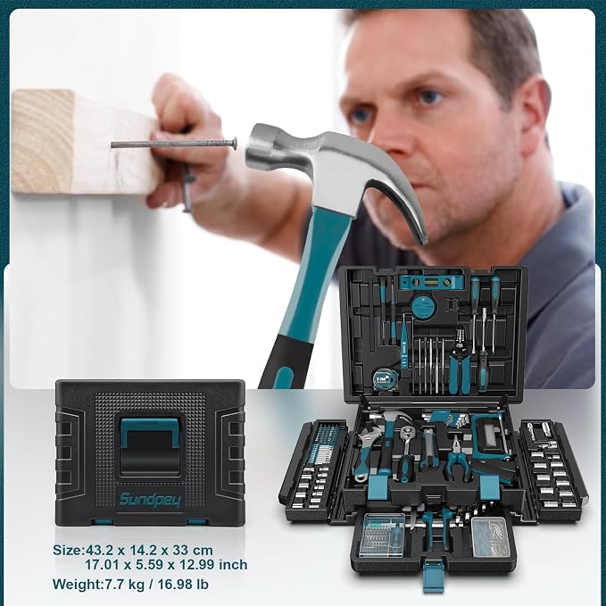 Sundpey 379 Pcs Portable Complete Home and Auto Tool Kit with Drawer Blue | with Socket Wrench Set & Screwdrivers & Hex Keys & Pliers Kit,Men Women Tool Box Set for Household Car House Garage Apartment