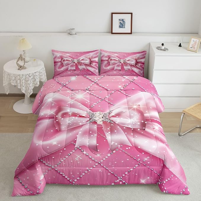 Feelyou Pink Bowknot Comforter Set All Season Ribbon Glitter Bow Bedding Set with 2 Pillow Cases Dreamy Princess Microfiber Kids Full Bedclothes Bedroom Decor Duvet Quilt Breathable Soft Lightweight