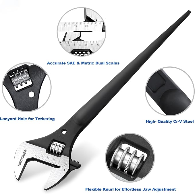 MAXPOWER Spud Wrench Set, 16" 4-in-1 & 12" Spud Wrench, Tether Hole, Cr-V | 16" Multi-Purpose Design ( Striking, Gripping, Aligning & Prying ), Tether-Ready Design, Smooth Jaw Adjustment, Easy Storage