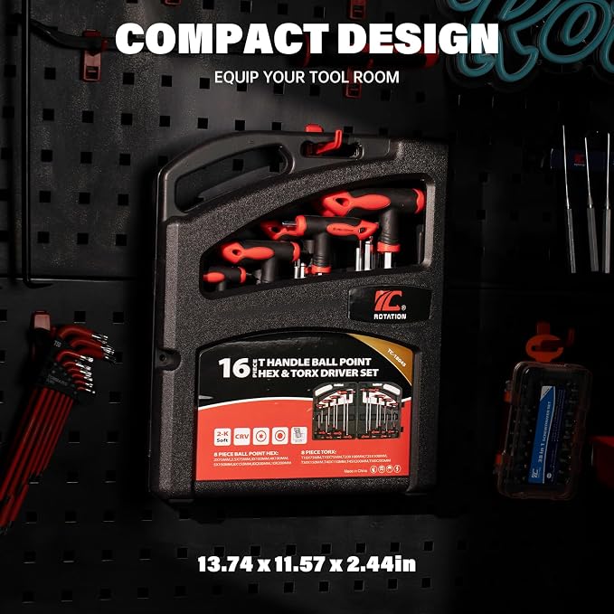 ROTATION 16pc Hex and Torx Wrench Set, T Handle Allen Key with Case | For Long Shafts, Storage Rack, Auto, Bike, Moto