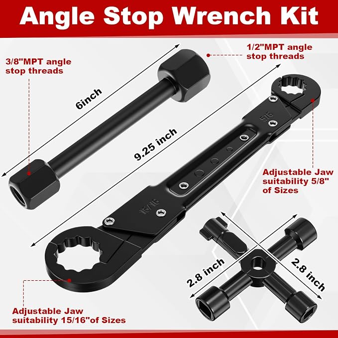 5 Pcs Angle Stop Wrench Kit Plumbing Tool, Compression Sleeve Puller for 1/2" Compression Fitting Ferrule Puller Removal Tool for 1/2" Copper Tubing 4-way Multi-functional Utility Key (Black)