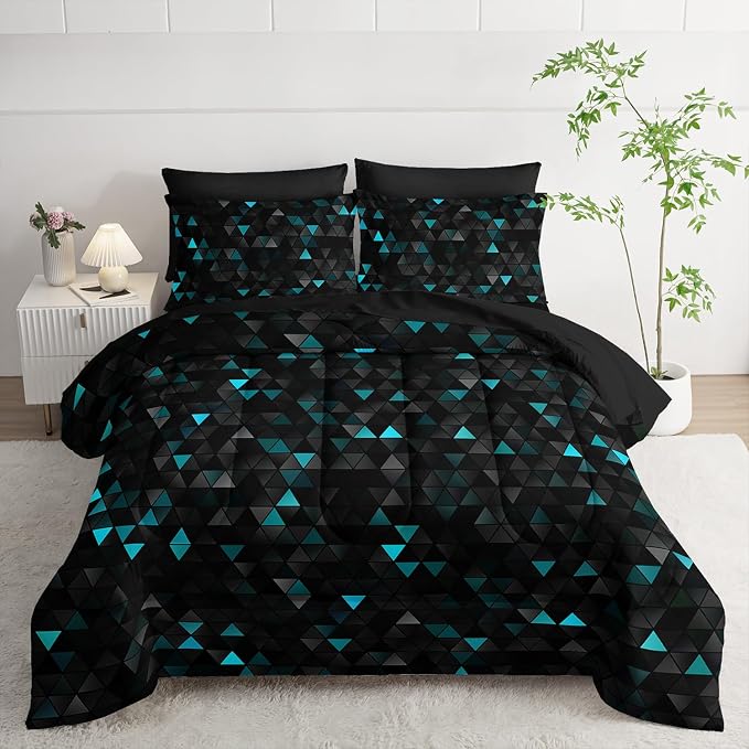 Nttopship Geometric Turquoise Black Triangle King Comforter Set, Light Honeycomb Bedding Set 7 Piece in A Bag,Bed Sheet Set Geometry Decor,Microfiber Lightweight All Season
