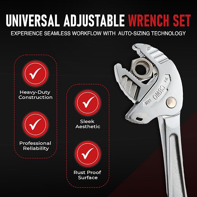 4-Piece Adjustable Wrench Set,Self-setting spanner set with Self Tightening Function and Automatic Continuous Gripping for 1/4"-3/4" (7-19mm) Pipe Fittings Nuts and Bolts
