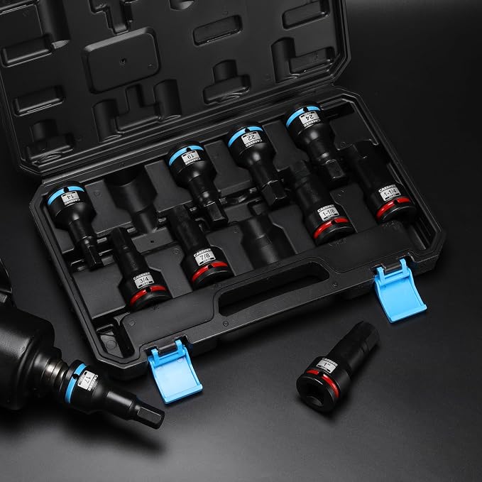 3/4" Drive Master Impact Hex Bit Socket Set, 10 Pieces Allen Bit Socket Set, Cr-Mo, SAE/Metric, 3/4" - 1-1/4", 14mm - 24mm, Heavy Duty Storage Case