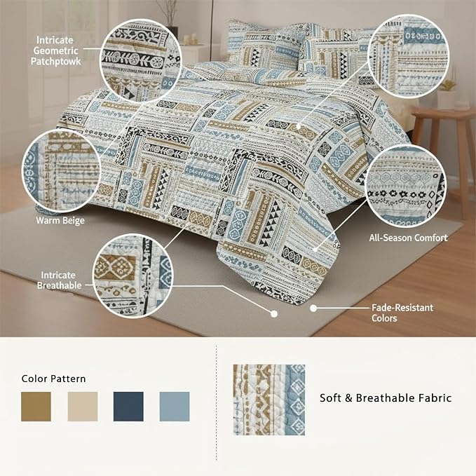 Geometry Patchwork Quilt Set Queen - Blue Quilts for Queen Size Bed, Multicolor Patchwork Printed GeometryBedding Set - Soft Microfiber Lightweight Coverlet Bedspread(Geometry, Queen(90"x90"))