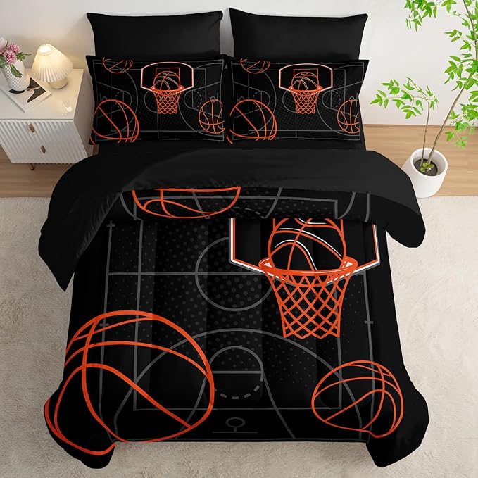 Basketball Court Print King Comforter Set for Boys,7Pcs Ball Sports Games Themed Bedding Set for Teens Kids Bedroom Decor,Soft Lightweight Comforter,Fitted Sheet,Flat Sheet,Pillowcases.