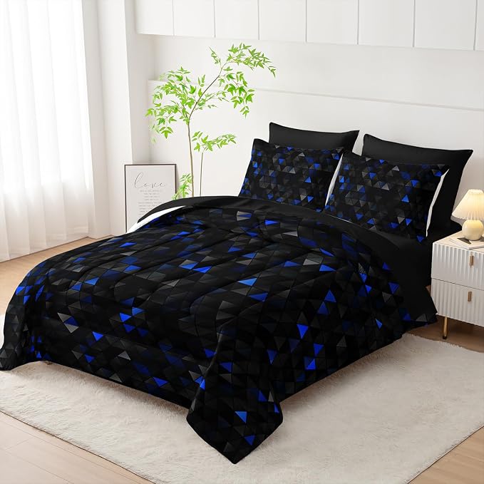 Nttopship Geometric Blue Black Triangle Full Size Comforter Set,Light Honeycomb Bedding Set 7 Piece in A Bag,Bed Sheet Set Geometry Decor,Microfiber Lightweight All Season