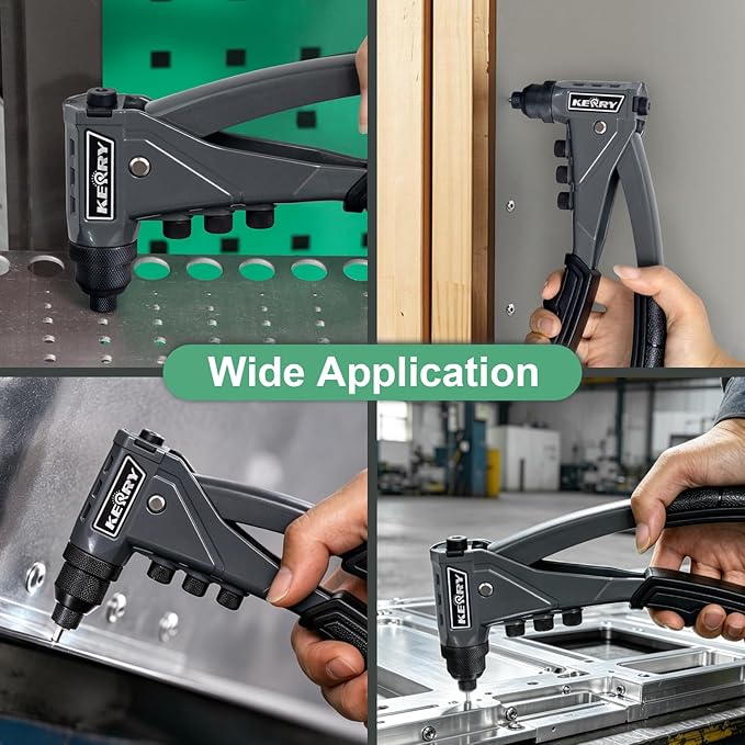Kerry One-Handed Pop Rivet Gun Set - 9.6" Extended Ergonomic Handle, 4 Tool-Free Interchangeable Heads, 200 Aluminum Rivets (3/32" 1/8" 5/32" 3/16"), Professional Manual Riveting Tool for Metal Work