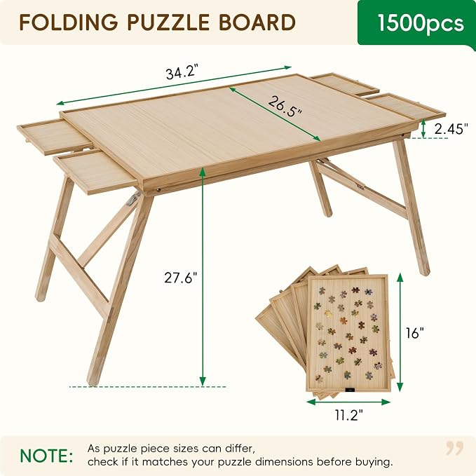 TEAKMAMA 27.6"H 1500Pcs Puzzle Table with Legs,4 Drawers for Adults,Natural | 34.3" W x 26.5" D Wood Folding Jigsaw Puzzle Board with Protective Cover