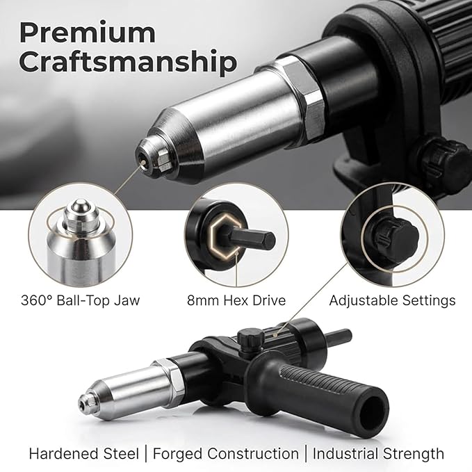 Electric Rivet Gun Adapter,Rivet Adapter for Drill,Professional Electric Rivet Gun Adapter Kit,Alloy Steel Riveting Tool for Metal & Aluminum Work