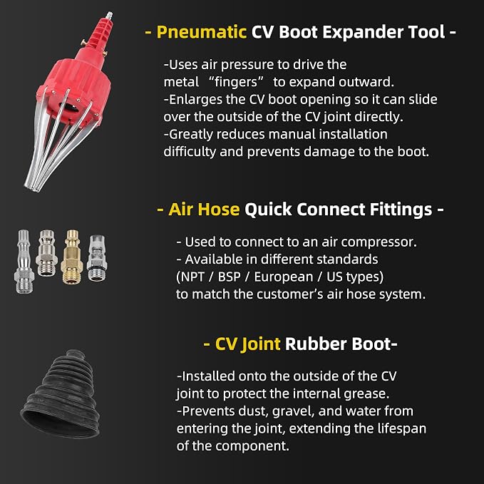 Dasbecan Upgraded Pneumatic CV Boot Expander Tool, CV Boot Installation Kit | Universal CV Boot Spreader for BMW UTV ATV, Basic Kit Includes 1 Boot and 2 Clamps, 4 1/4" NPT Air Hose Nipple