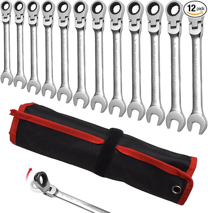 WISEUP 12Pcs Ratchet Wrench, CR-V Chrome-vanadium Steel 8-19mm Wrench | 180 ° Adjustable Combination Wrenches, Double-end Ratchet Wrench, Anti-slip Rust-proof, Labor-saving Tools