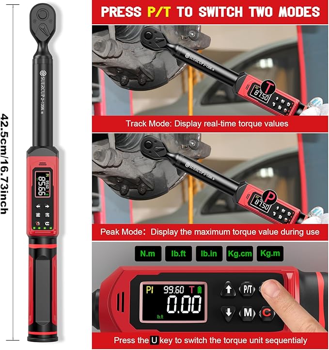 SUERCUP 3/8-inch Digital Torque Wrench(1.5-99.6Ft.Lb/2-135Nm) ±1% Accuracy Digital Torque Wrench with Vibration, Buzzer,LED Notification and Five Units of Measure, for Motorcycle, Auto Repair