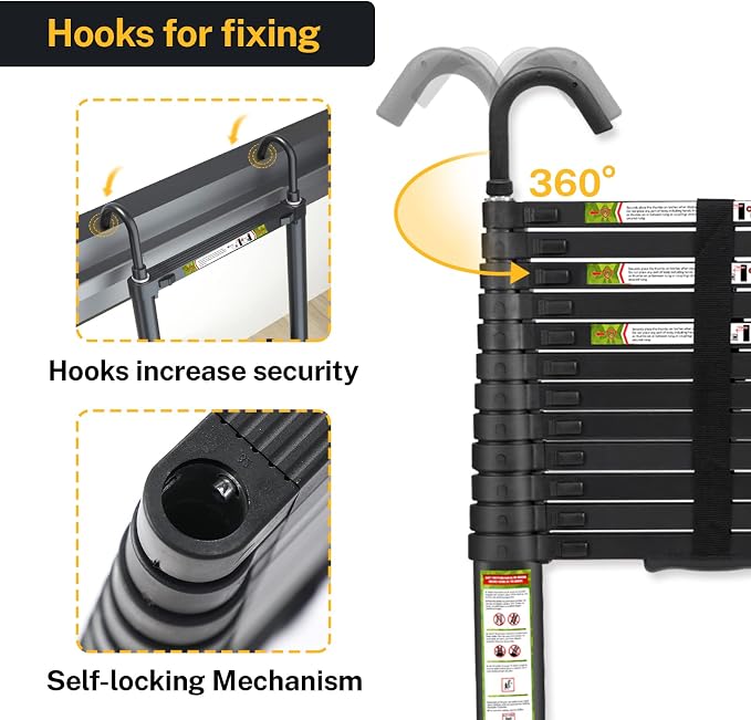 RIKADE Telescopic Ladder, 12.5 ft Aluminum Telescoping Ladder with Non-Slip Feet and Stable Hook, Portable Extension Ladder for Household and Outdoor Working, Max Load 330 lb, Black