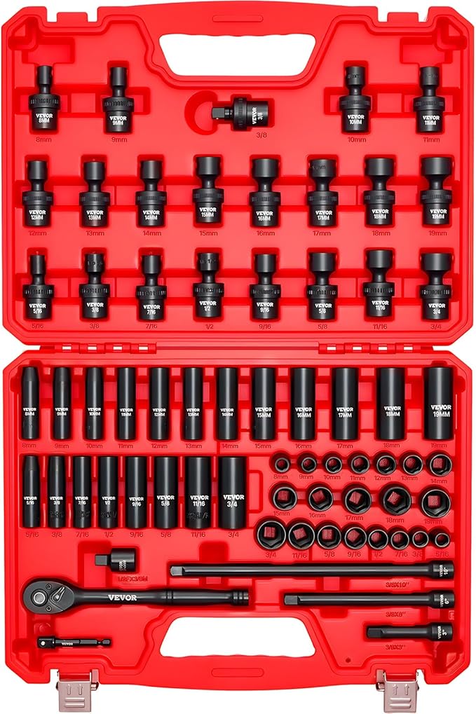 VEVOR Impact Socket Set 3/8" Drive, 67 PCS, CR-MO Swivel Sockets, SAE 5/16"-3/4" & Metric 8-19mm, 6 Point Shallow & Deep, Ratchet Handle, Extension Bars, Adapters, Universal Joint