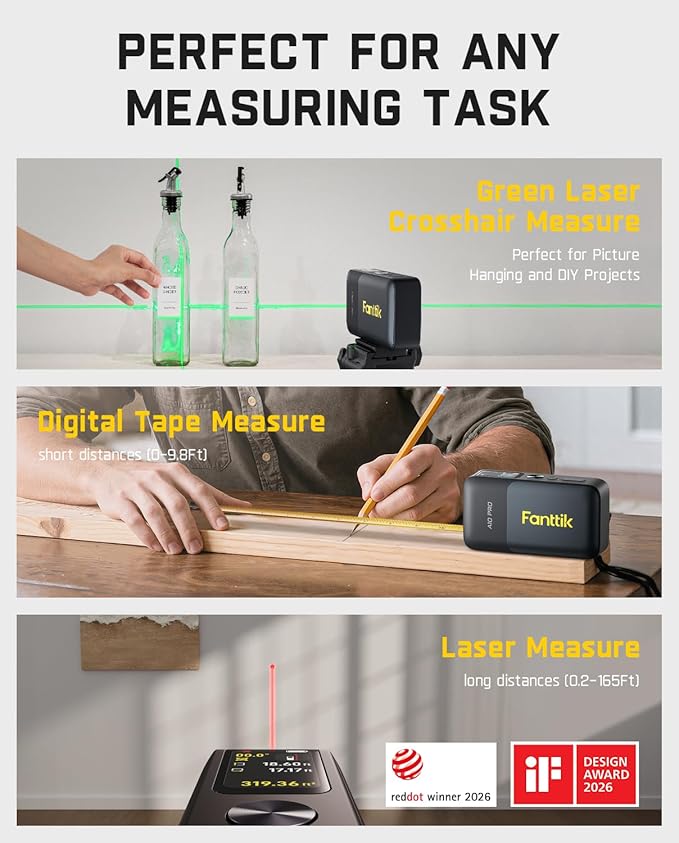 Fanttik A10 Apex 3-in-1 Digital Laser Tape Measure with HD Color Display, 165Ft Rechargeable Laser Measurement & 32Ft Green Cross Line Laser & 9.8Ft Tape, 6 Units, for Distance/Area/Volume/Leveling