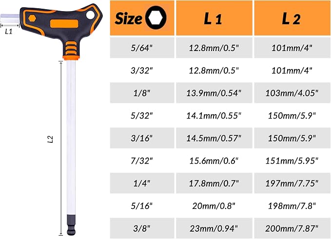 NordWolf 9-Piece T-Handle SAE Allen Wrench Set, S2 Steel Long Arm Ball End Hex Keys, Sizes 5/64" to 3/8" in Storage Box