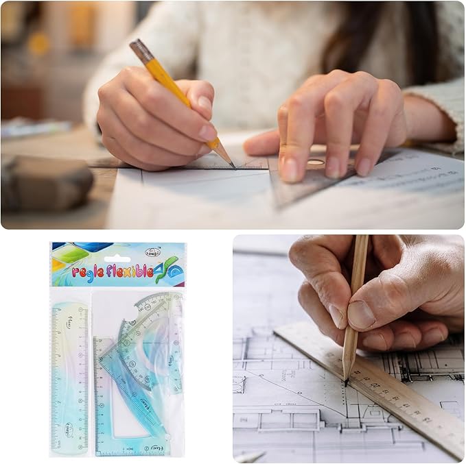 HARFINGTON 4pcs Triangular Ruler Set 15cm Plastic Flexible Straight Metric Soft Bendable Ruler Geometric Protractor Triangle Rulers for Home Office