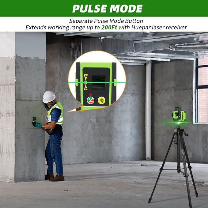 Huepar 4x360 Laser Level Self-leveling 16 Lines Green Beam 4D Cross Line Tiling Floor Tool with Laser Receiver-Horizontal & Vertical Laser Lines with Two Li-ion Batteries and Hard Case-LS04CG & LR-6RG