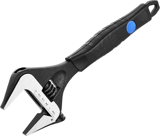 MAXPOWER 8-inch Wide Jaw Adjustable Wrench, 1.6" Jaw Opening, Soft Grips | Stubby Plumbing Wrench, Cr-V Steel, Smooth Jaws