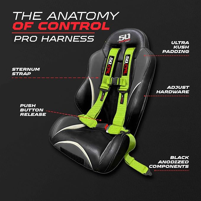 1pc 50 Cal Fluorescent Green 4 Point Harness 3", Racing Harness Seat Belt | Ultra Kush padding, Push Button quick release hardware. Universal Fit for UTV, RZR, race car.