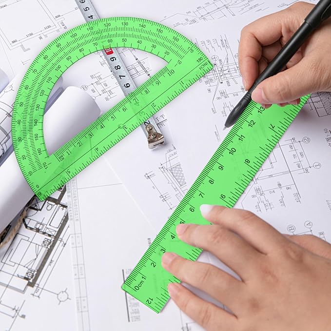 2 Packs 12 Inch Plastic Ruler and 6 Inch Plastic Protractor Set Clear Math Geometry Set Classroom Set Angle Detector School Supplies Classroom Ruler Home Office Drawings (Green)