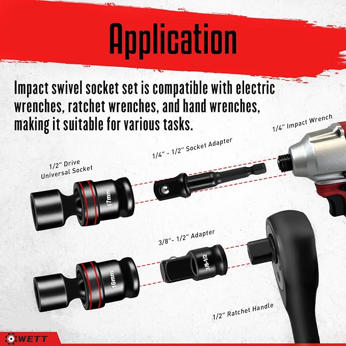 WETT 18-Piece 1/2" Drive Shallow Impact Universal Joint Socket Set, Metric Swivel Socket Set (10-24mm), Flexible Wobble Sockets with 3", 6" Extension Bar, Adapter, 6 Point