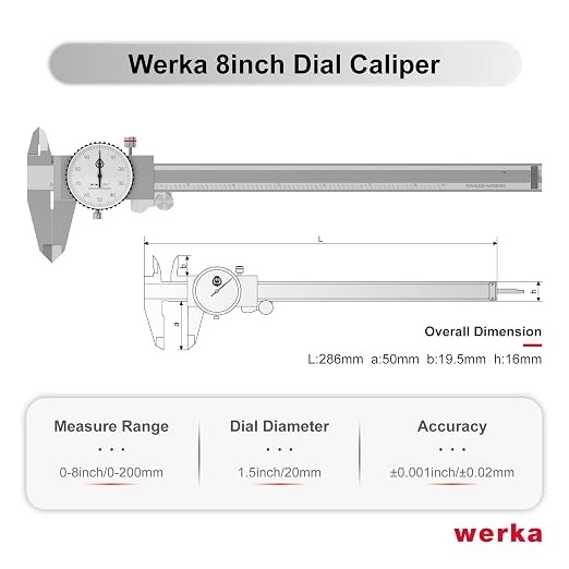 werka Dial Caliper 8 Inch, Shockproof Dial Caliper Measuring Tool with 0.001" Precision Micrometer Caliper with Custom Case, 4-Way Measurement, Stainless Steel