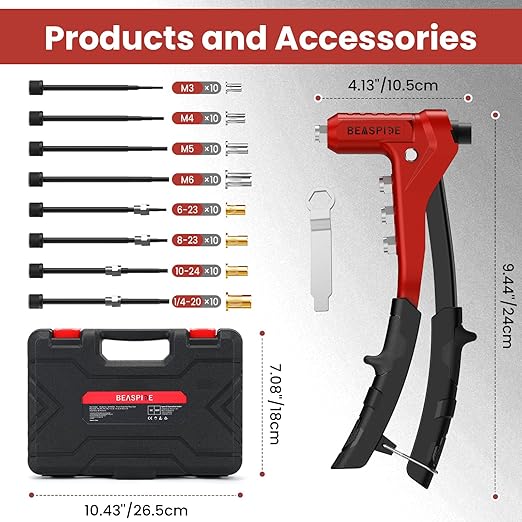 Beaspire Rivet Nut Tool Kit, 9.5" Rivnut Tool Kit with 8 Mandrels, Nutsert Tool Kit with 80 Pcs Rivet Nuts Assortment Kit and Rugged Carrying Case,M3,M4 M5,M6,6-32,8-32,10-24,1/4-20
