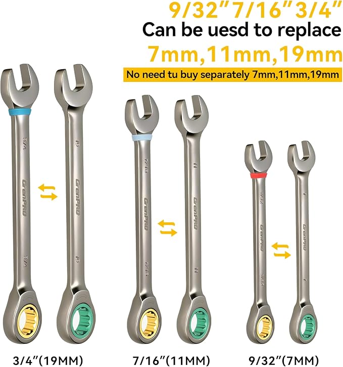GRENPRO Ratcheting Wrench Set, Combination Wrench Set Metric And Standard & SAE With Color Ring, 1/4" to 3/4" & 6-18mm, 23PC Open End Ratchet Wrenches With Roll Up Pouch, CRV Socket Mechanic Tool Sets