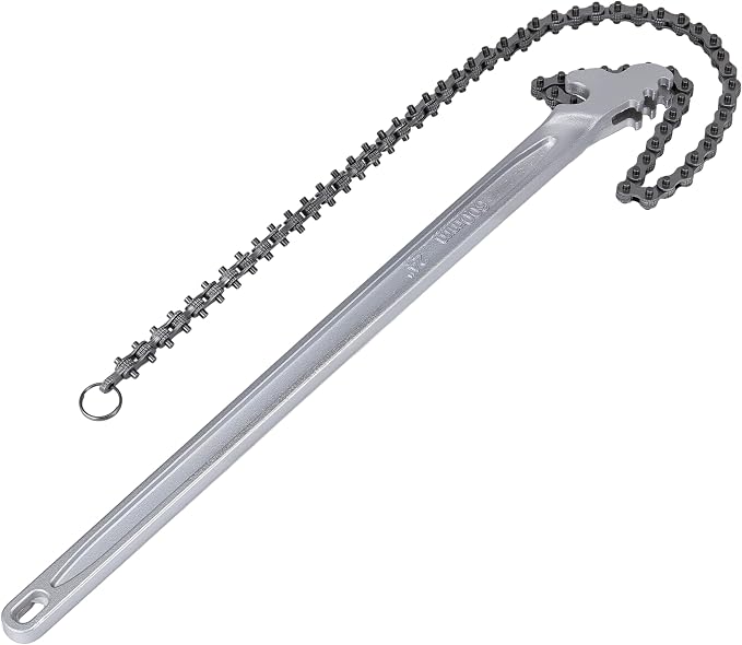 24 Inch Silver Chain Wrench, Adjustable Ratcheting Chain Oil Filter Wrench Heavy Duty Fits Max 12.6 Inch Diameter for Pipe Installation and Car Repair