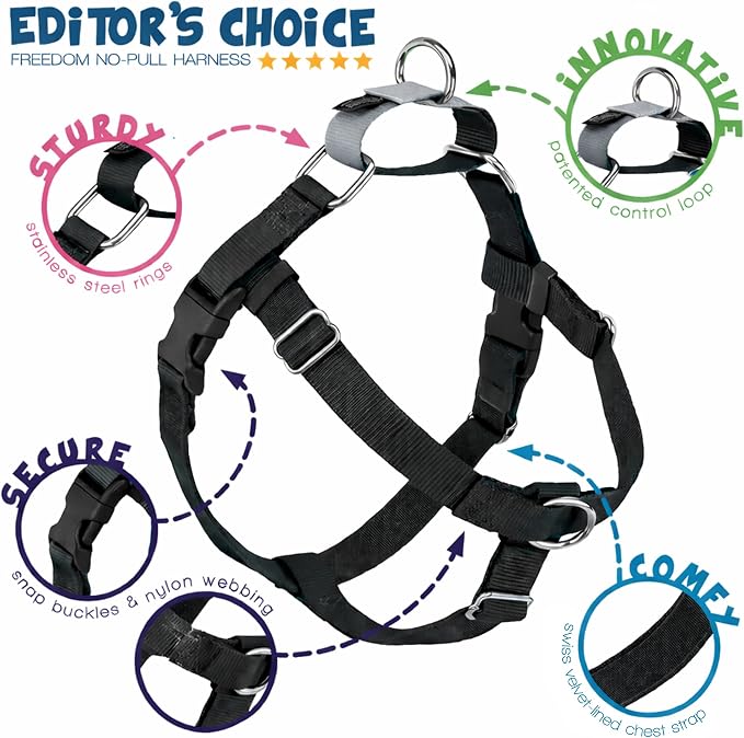 2 Hounds Design Freedom No Pull Dog Harness, 5/8 inch SM, Black | Discourages Pulling, Comfortable Control Adjustable Dog Harness for Small Sized Dogs, Made in USA (Leash Not Included)