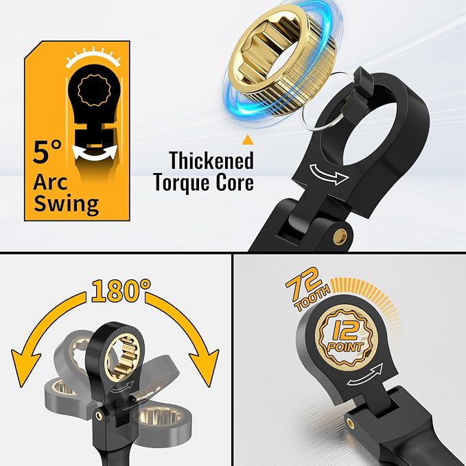 GRENPRO 23PC Flex Head Ratcheting Wrench Set SAE & Metric Combination Sets | 1/4"-3/4"&6-18mm Bolt Gauge, Electro-Coated 72-Tooth 180° Open End 12Pt, Color Rings, Roll Pouch for Auto&Home Repair