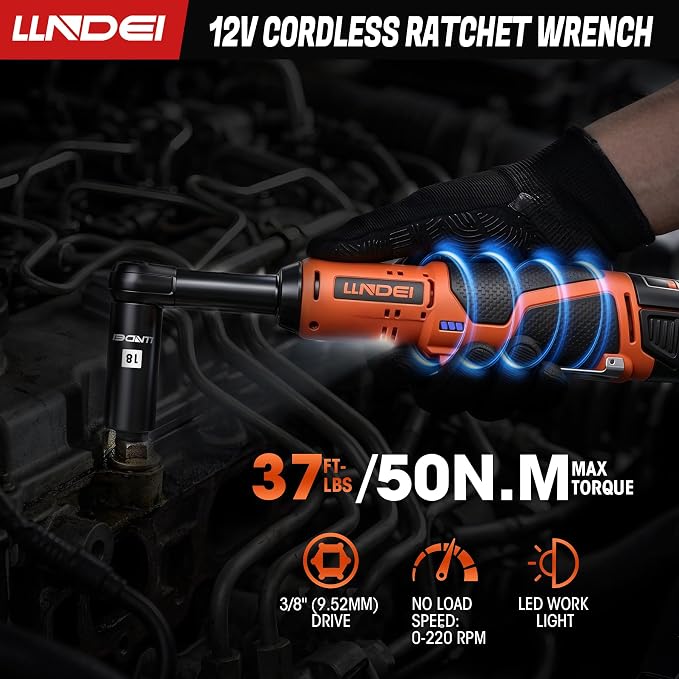 LLNDEI 3/8" Extended Reach Cordless Ratchet Set 102Pcs | 12V Long Neck Electric Ratchet Wrench, 50N.m Torque, Variable Speed, LED Light, for Auto Engine Bay & Tight Space Repair