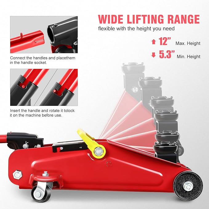 DNA Motoring 1.5 Ton Car Floor Jack Low Profile Hydraulic Trolley Service/Floor Jack, 1.5T / 3000 lbs Capacity, Lifting Range 5.3 Inch -12 Inch, with Storage Case, Red, TOOLS-00326